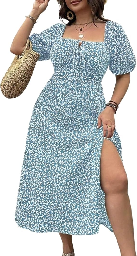 💗Plus Size Split Floral Print Boho Maxi Dress