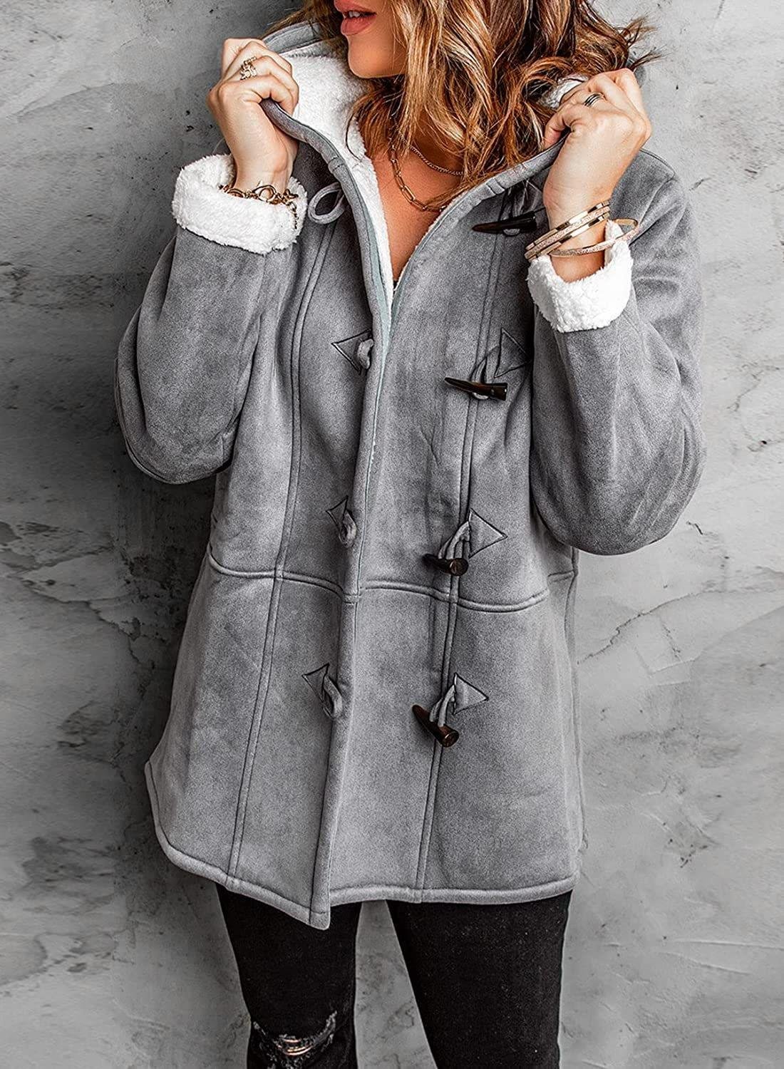 Women Hooded Velvet Horn Button Coat
