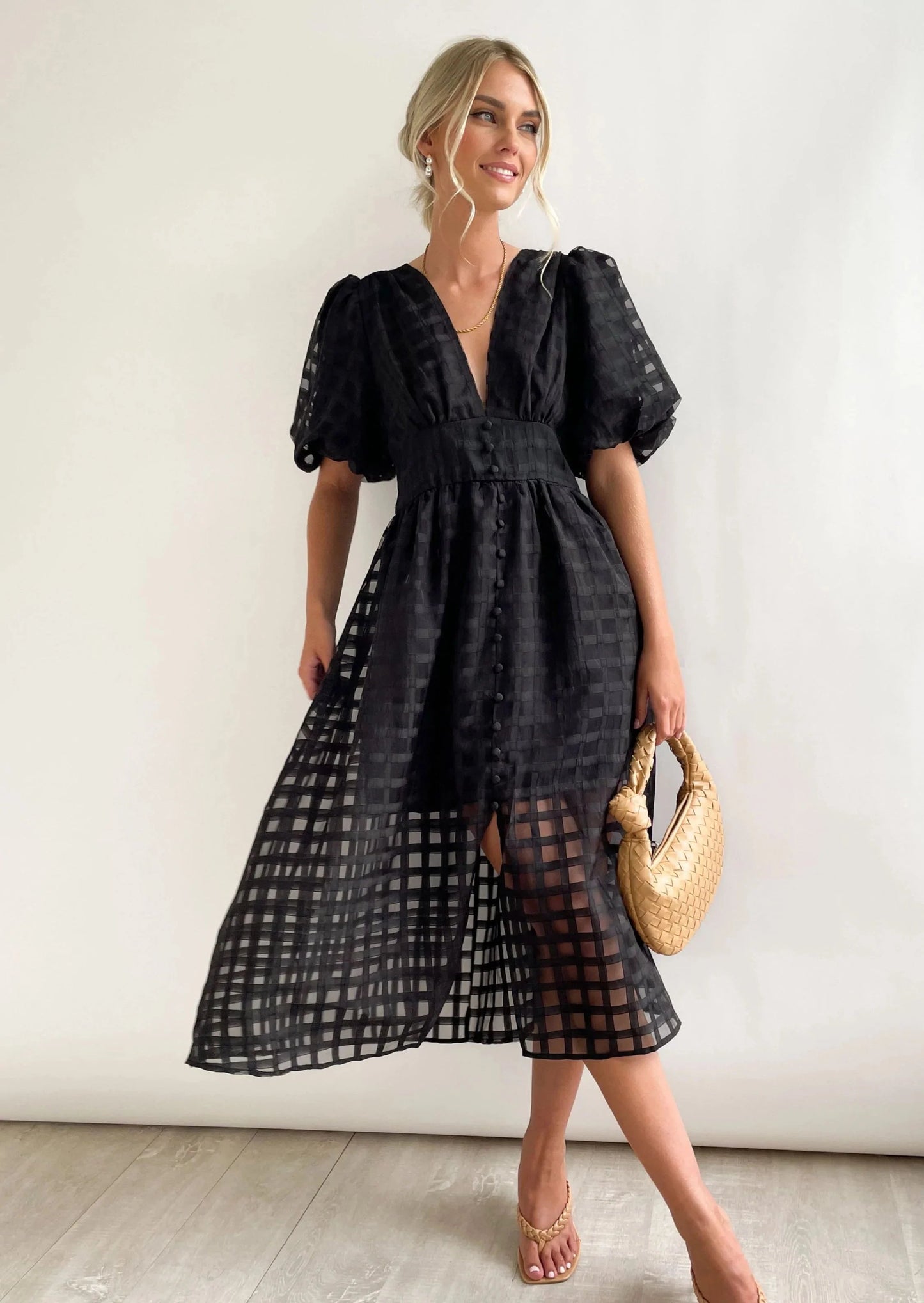 🔥Time-limited promotion 49% OFF🔥 Beauty Square Patterned Fabric Puff Sleeve Midi Dress