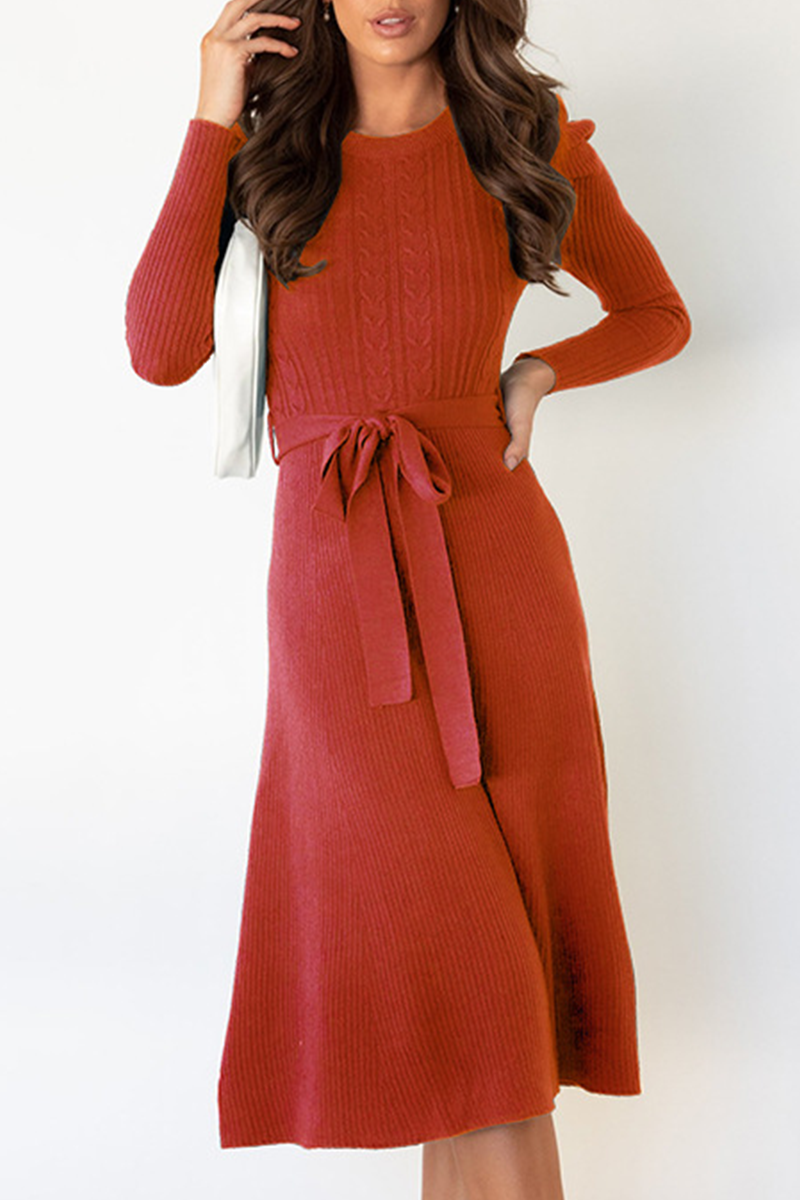 Elegant Solid With Belt O Neck Sweater Dresses