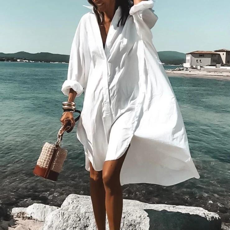 White lapel casual printed shirt dress