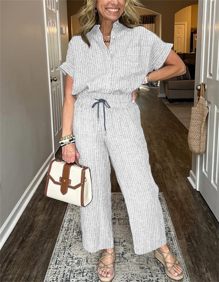 Classic Striped Linen Cotton Shirt Set With Pockets