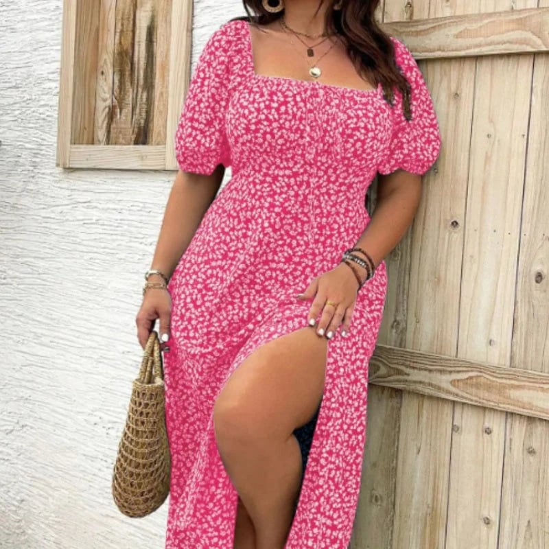 💗Plus Size Split Floral Print Boho Maxi Dress
