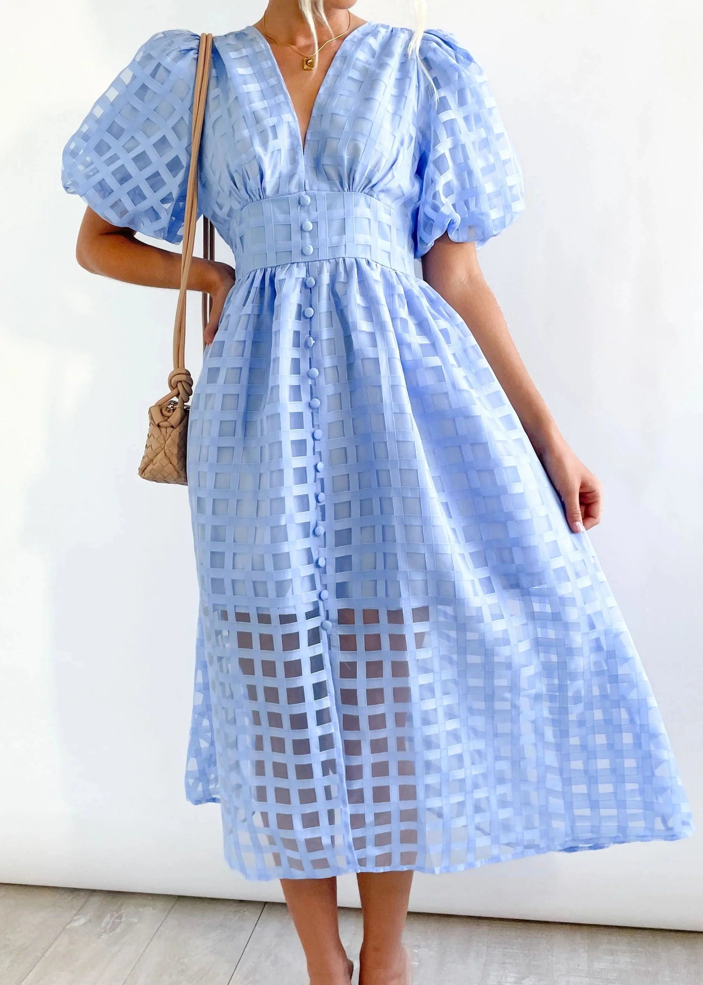 🔥Time-limited promotion 49% OFF🔥 Beauty Square Patterned Fabric Puff Sleeve Midi Dress