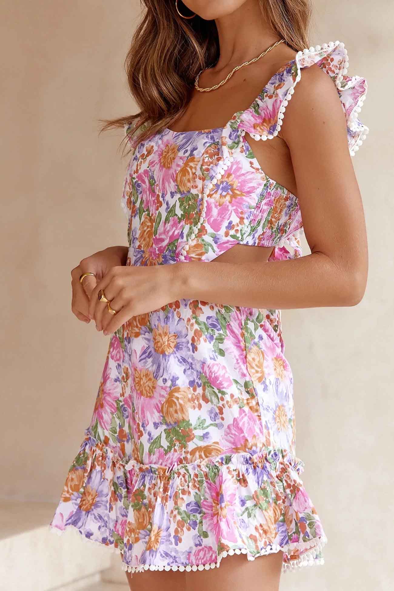 Floral Ruffle Back Tie Mini Dress