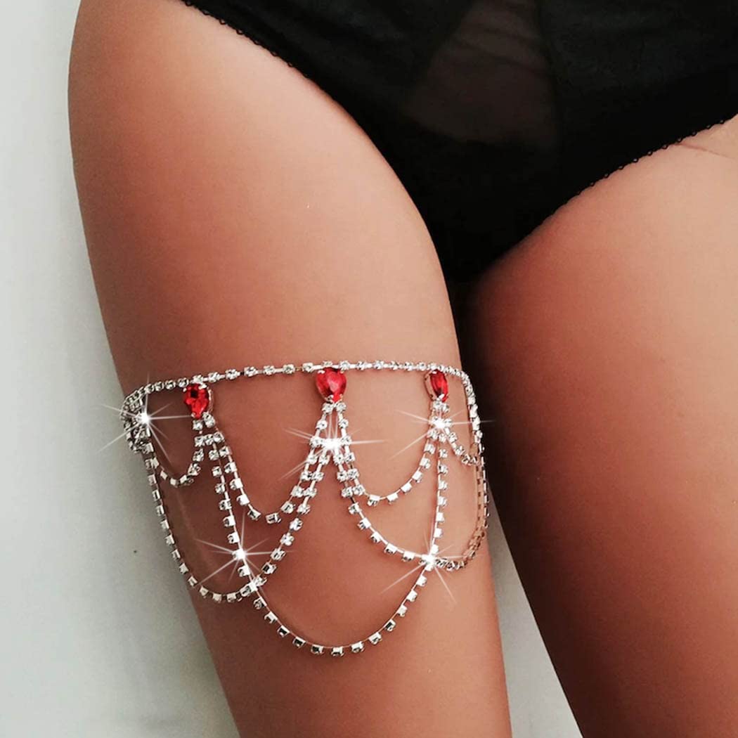 Red Queen Leg Cain Crystal Tassel Rhinestone Thigh Chains Sparkly Party Body Jewelry Accessories for Women and Girls