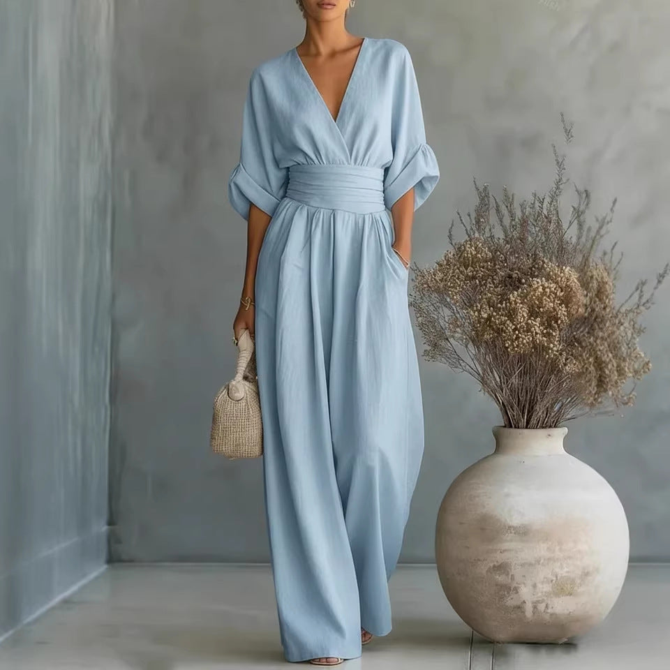 👠Women Solid-Color Elegant V-Neck Jumpsuit with Waist-Defining Fit
