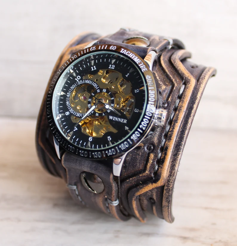 Men's gray leather cuff watch