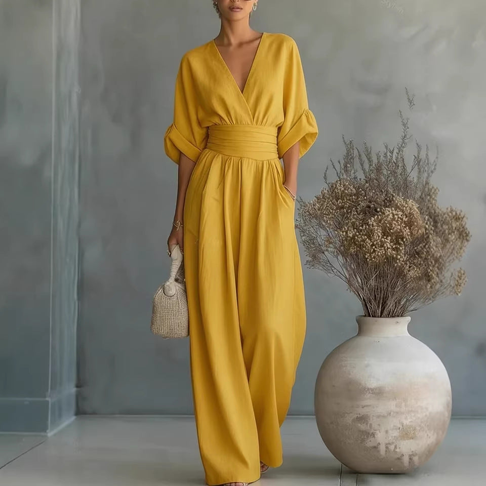 👠Women Solid-Color Elegant V-Neck Jumpsuit with Waist-Defining Fit
