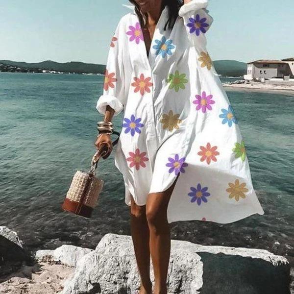 White lapel casual printed shirt dress