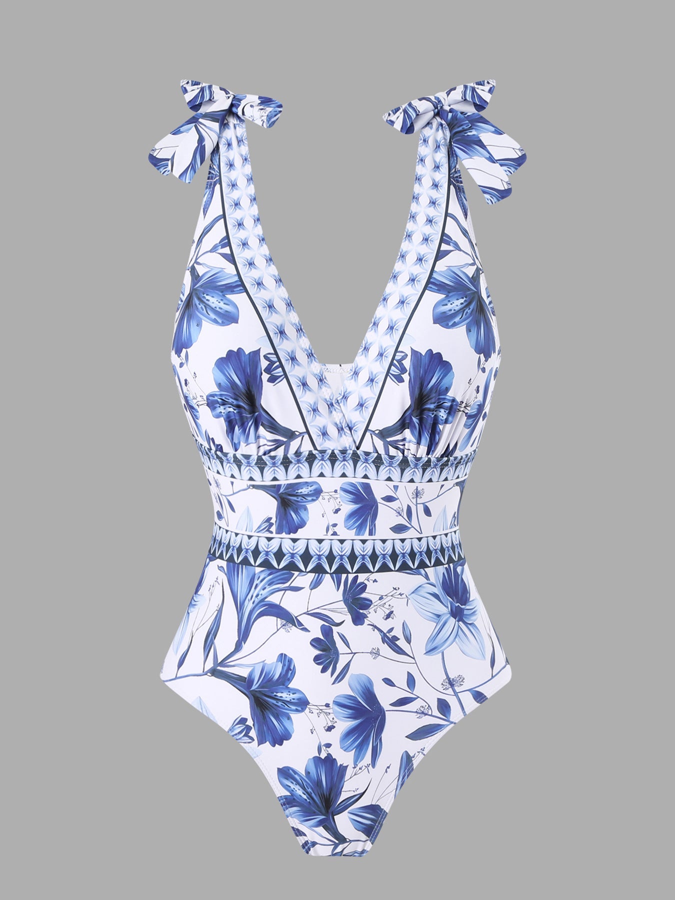 blue and white porcelain swimsuit wrap skirt suits