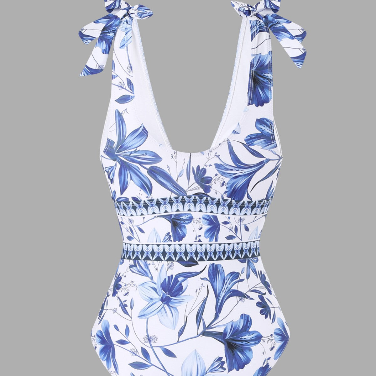 blue and white porcelain swimsuit wrap skirt suits