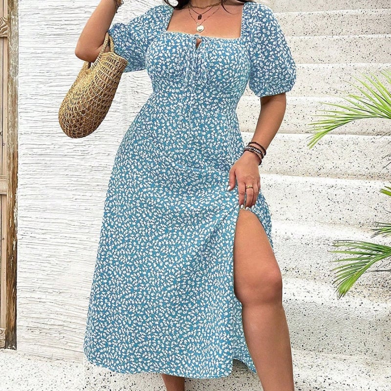 💗Plus Size Split Floral Print Boho Maxi Dress