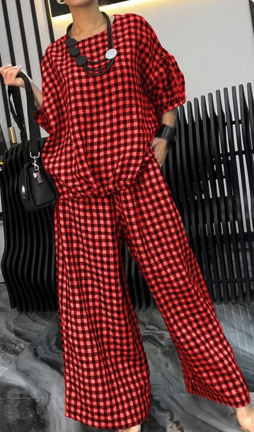 mamymarket™-Women's Comfortable Plaid Top And Pants Two-Piece Set