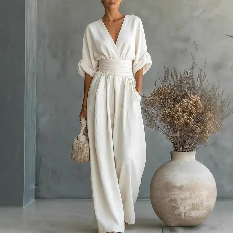 👠Women Solid-Color Elegant V-Neck Jumpsuit with Waist-Defining Fit