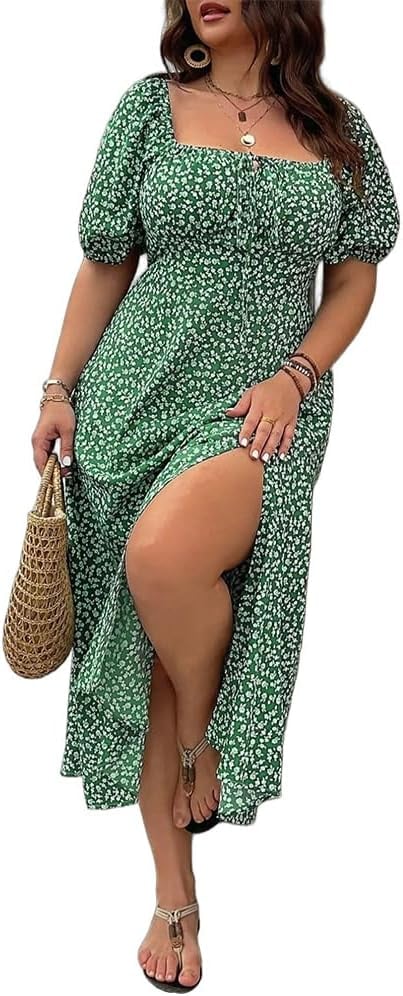 💗Plus Size Split Floral Print Boho Maxi Dress