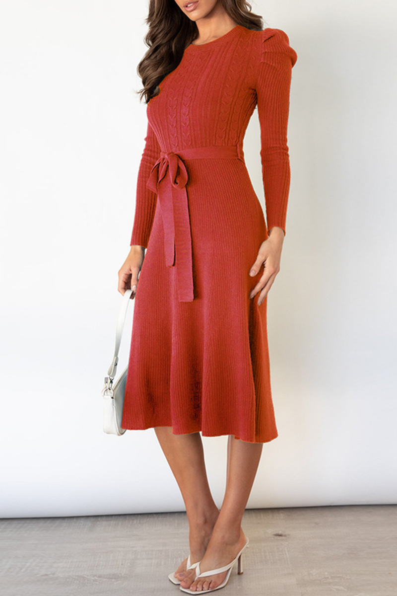 Elegant Solid With Belt O Neck Sweater Dresses