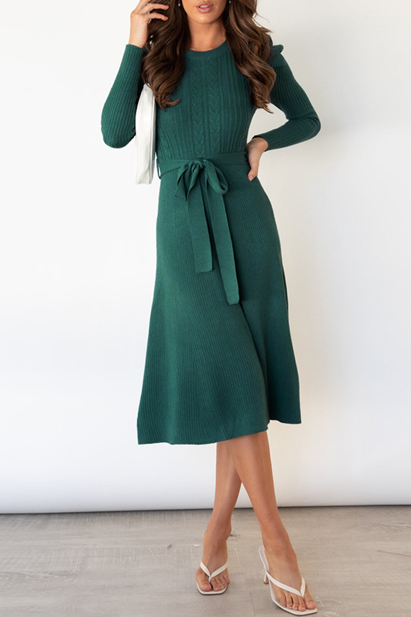 Elegant Solid With Belt O Neck Sweater Dresses