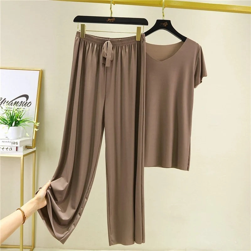 Soft Comfortable Ice Silk Short Sleeve T-Shirt Two Piece Set Loose Wide-leg Pants