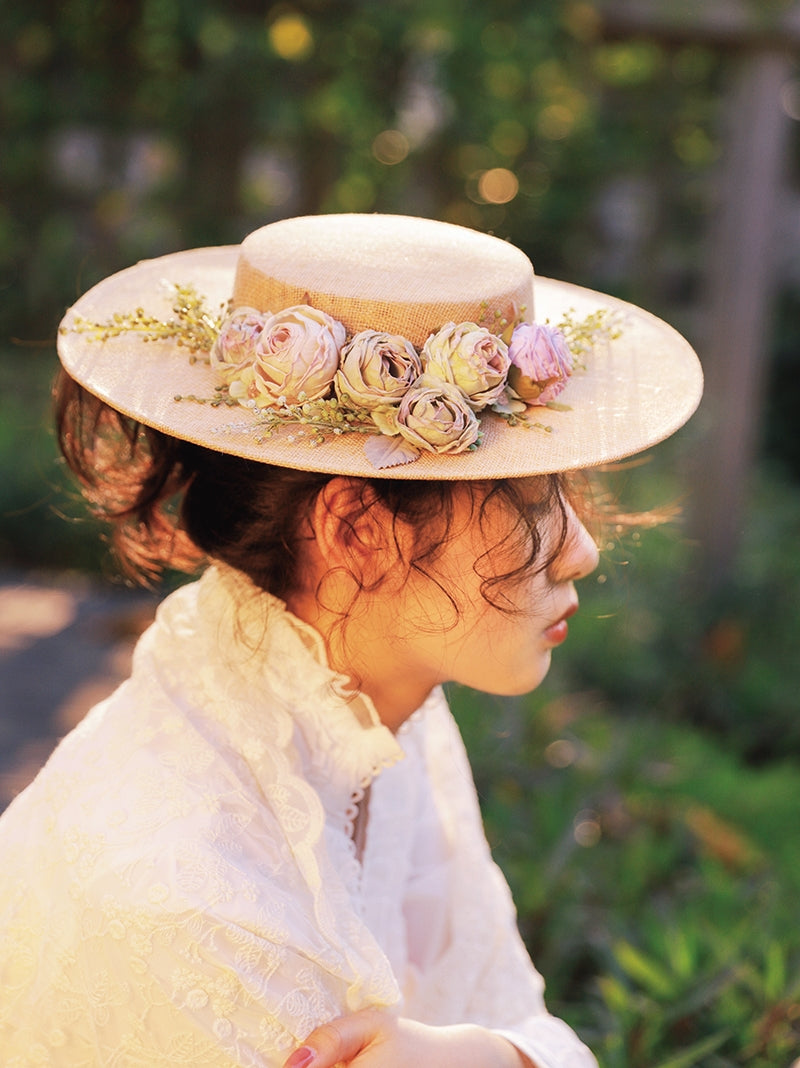 Handmade French Hat, Retro And Elegant Hollow Flower Forest Style Flat Hat