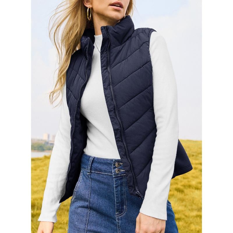 ✨️Womens Sleeveless Zip Up Outerwear Stand Collar Quilted Puffer Vest💗