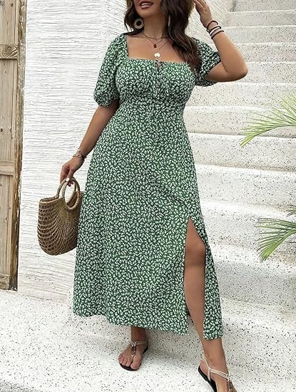 💗Plus Size Split Floral Print Boho Maxi Dress