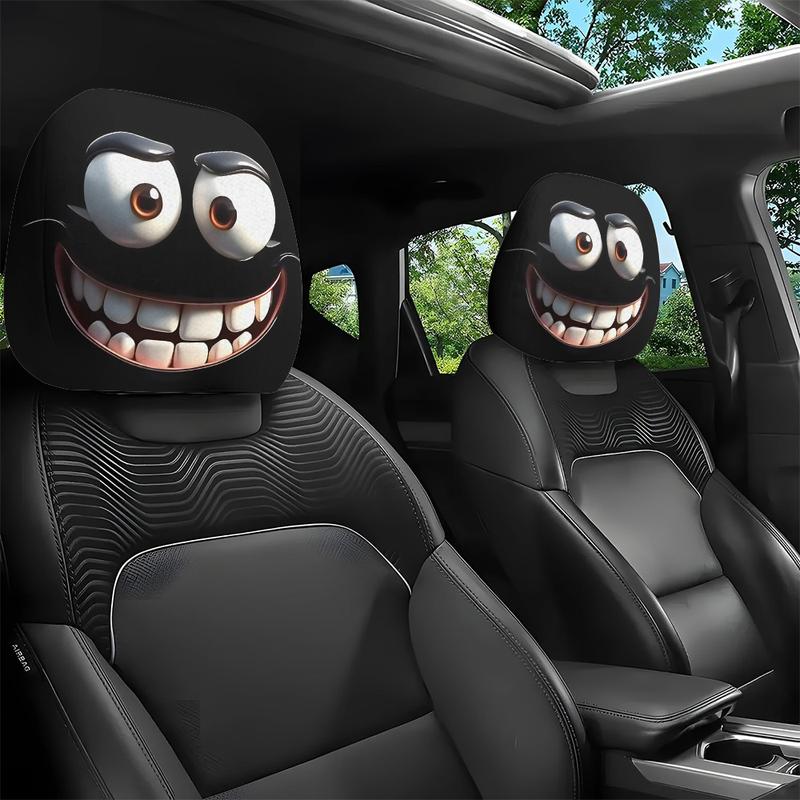 🔥2pcs Set of Funny Big-Eyed Grinning Cartoon Print Car Seat Headrest Covers