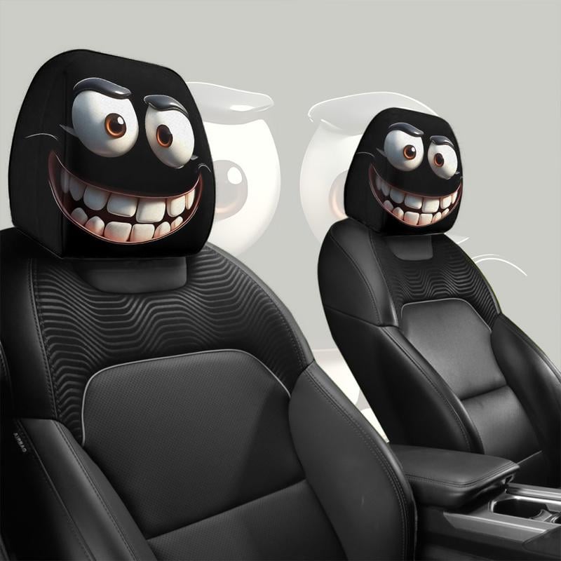 🔥2pcs Set of Funny Big-Eyed Grinning Cartoon Print Car Seat Headrest Covers