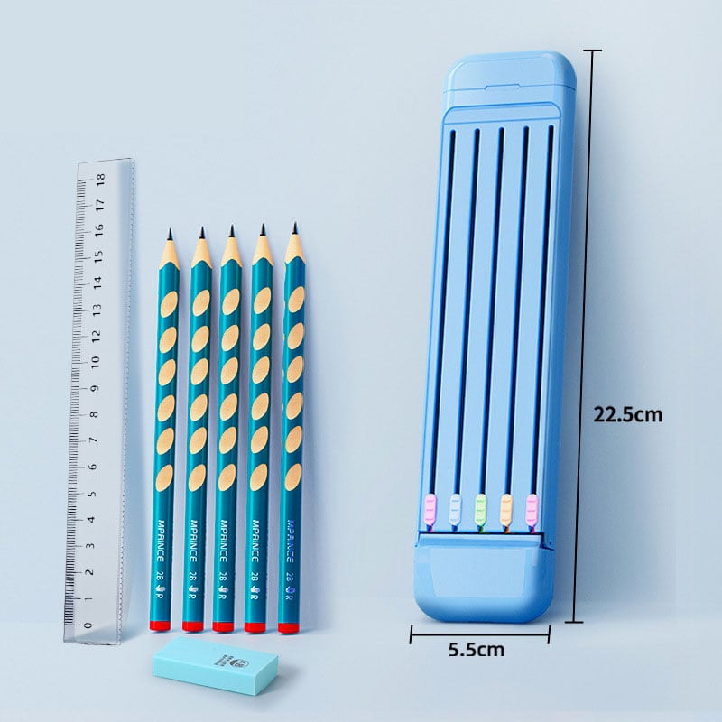 mamymarket™-Multifunctional Pencil Case for Kids with 5pcs Pencils2B, Eraser and Ruler