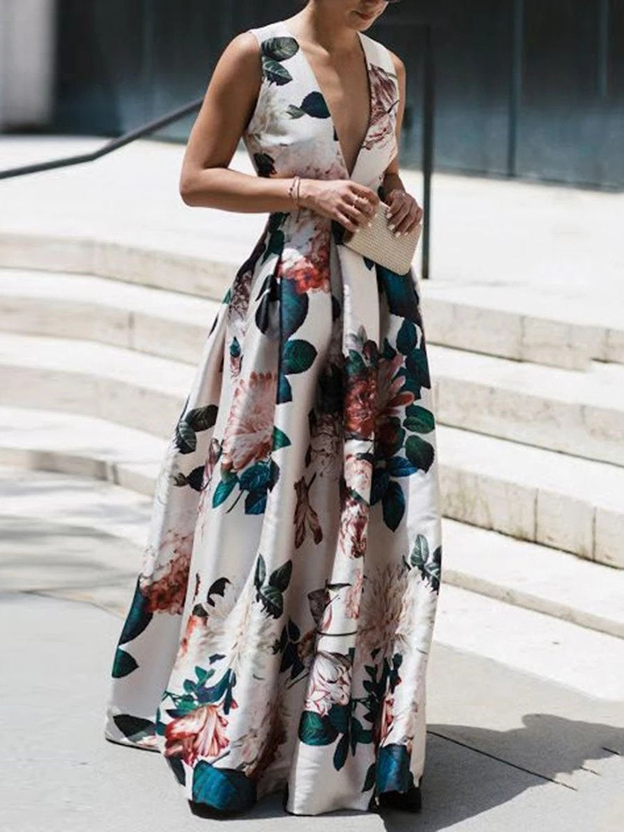 Sleeveless deep v neck vacation maxi dress