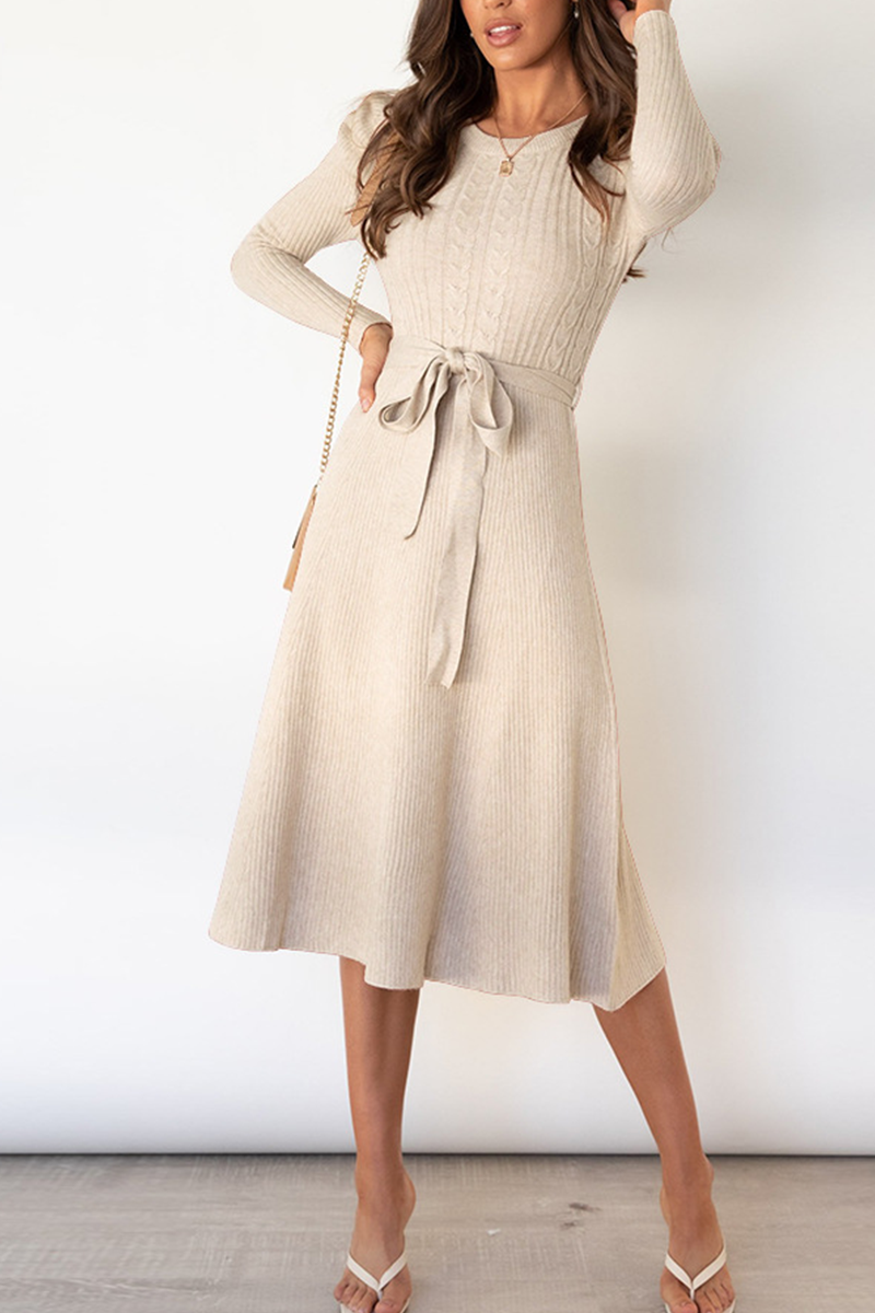 Elegant Solid With Belt O Neck Sweater Dresses