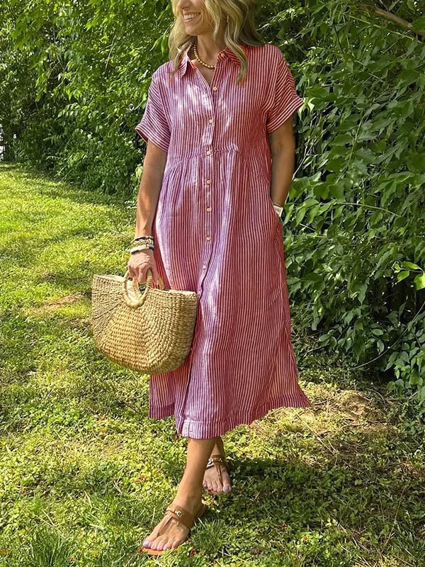 NEW🔥 Striped Lapel Button Down Shirt Dress | With Functional Pockets