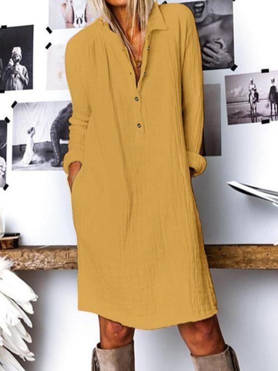 Women pure color cotton&linen dress