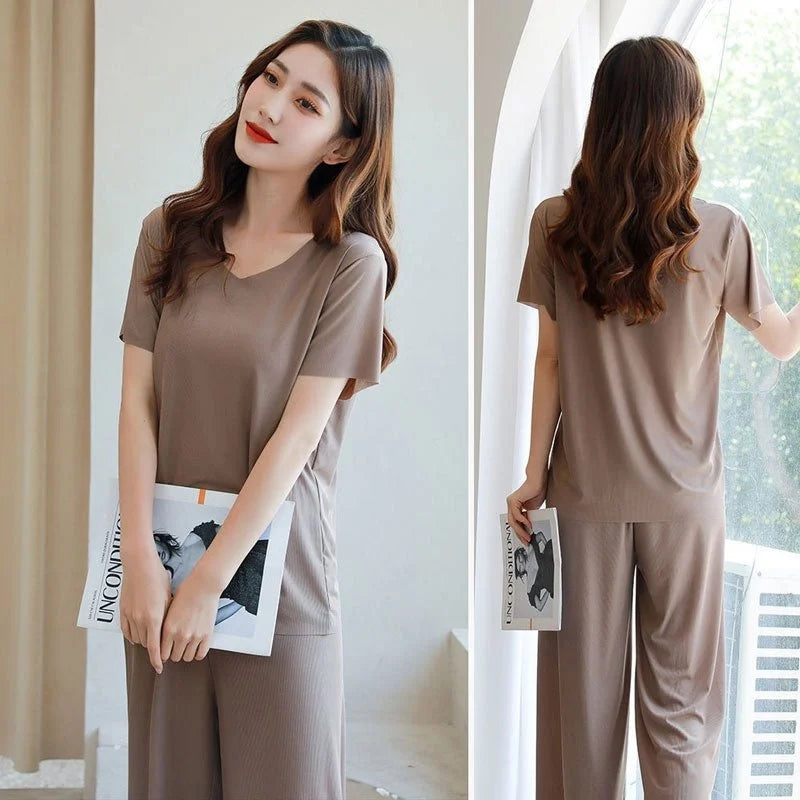 Soft Comfortable Ice Silk Short Sleeve T-Shirt Two Piece Set Loose Wide-leg Pants