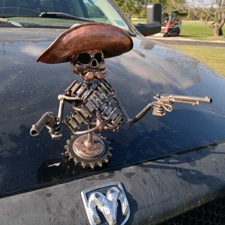 Handmade Cast Cowboy Skull Gunslinger Hood Ornament Sculpture