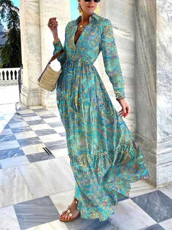 Elegant lapel printed slim long sleeve dress