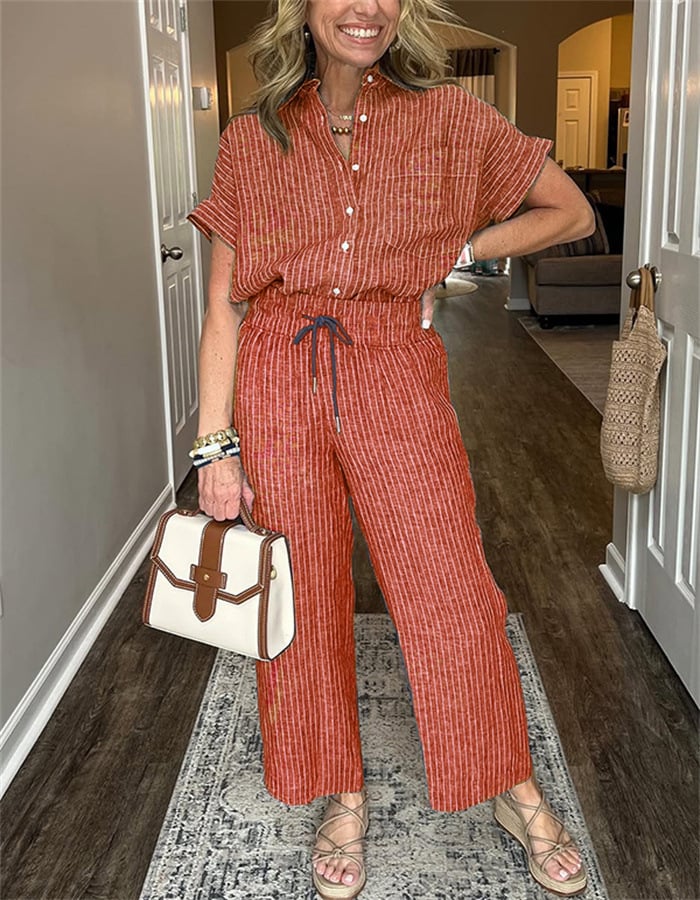 Classic Striped Linen Cotton Shirt Set With Pockets