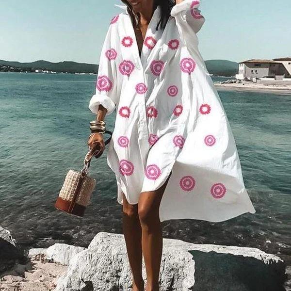 White lapel casual printed shirt dress