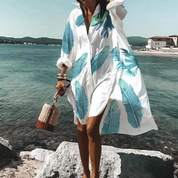 White lapel casual printed shirt dress