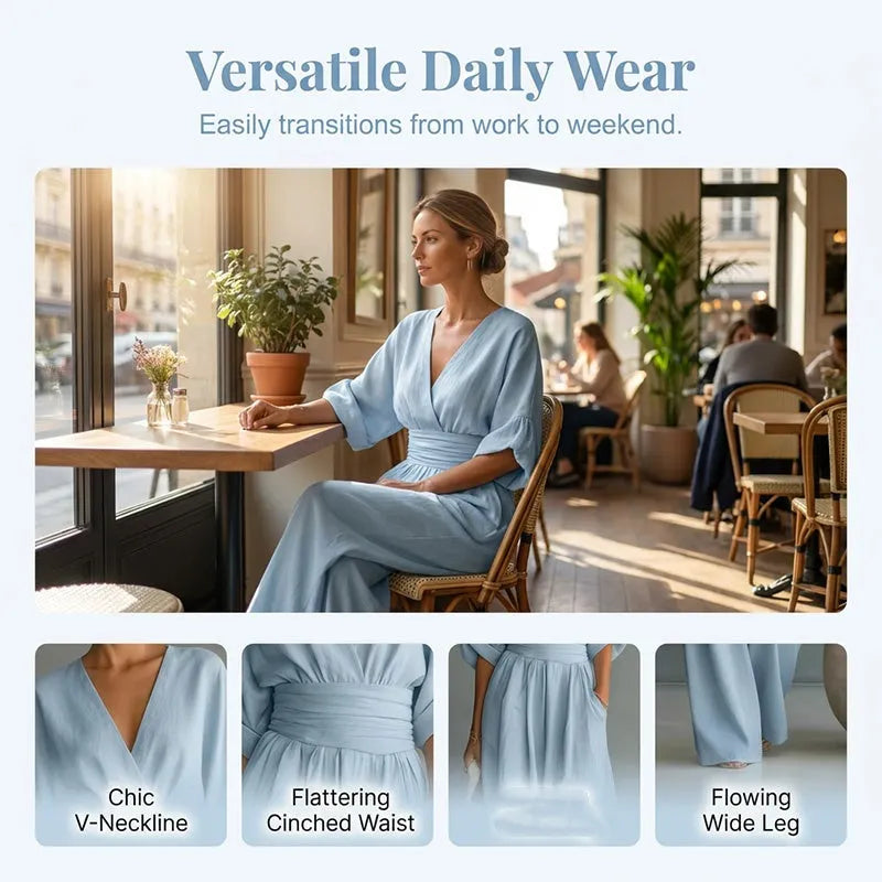 👠Women Solid-Color Elegant V-Neck Jumpsuit with Waist-Defining Fit