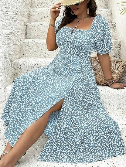 💗Plus Size Split Floral Print Boho Maxi Dress