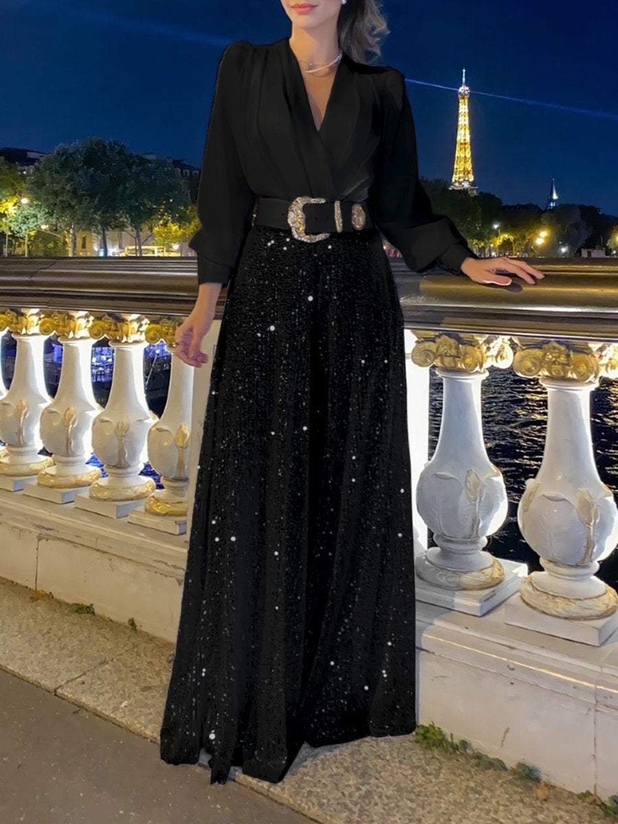 Fashionable V-neck long-sleeved jumpsuit wide-leg pants