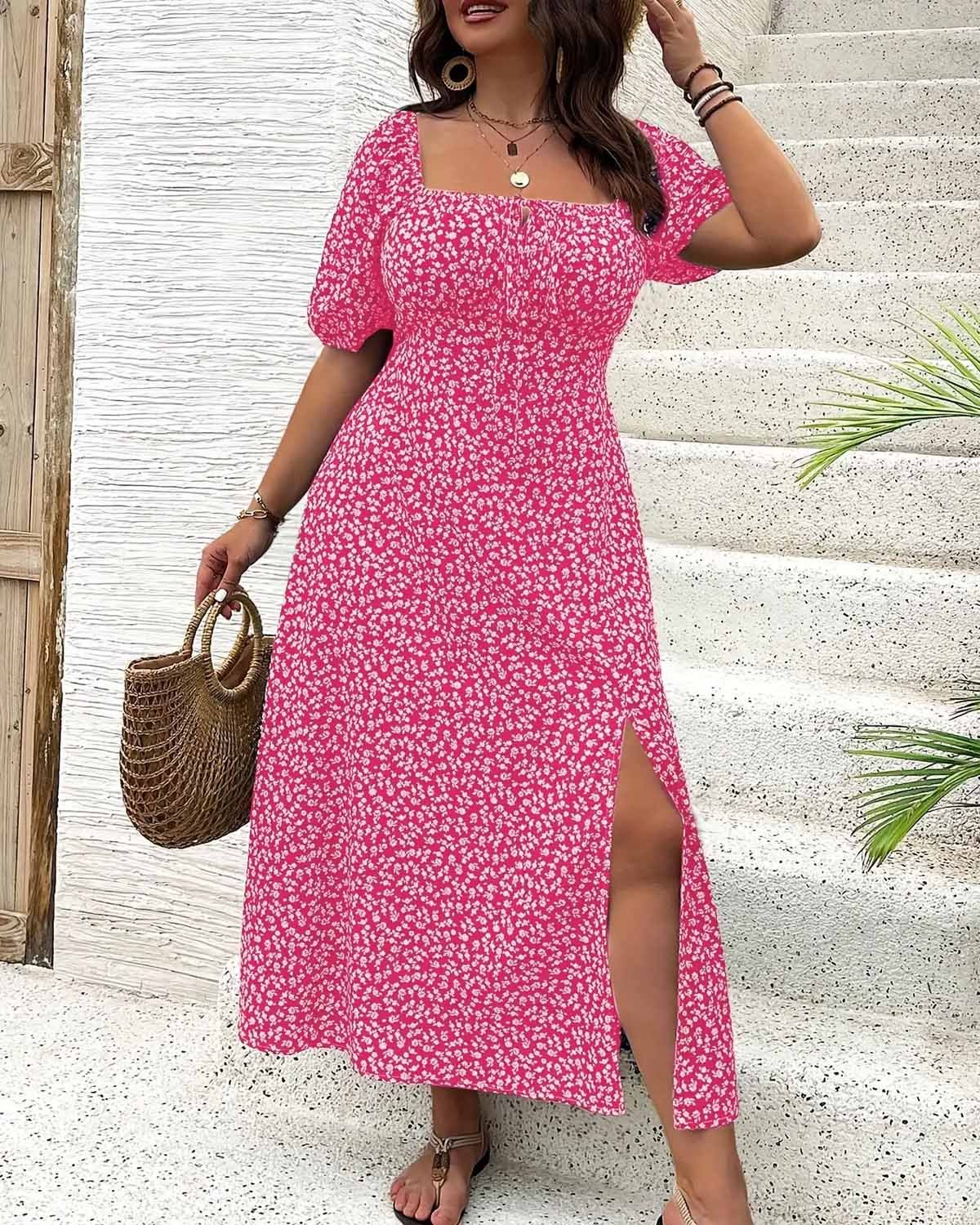 💗Plus Size Split Floral Print Boho Maxi Dress