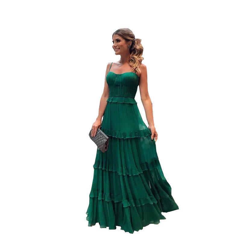 Green chiffon plain open shoulder evening dress