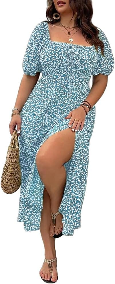 💗Plus Size Split Floral Print Boho Maxi Dress