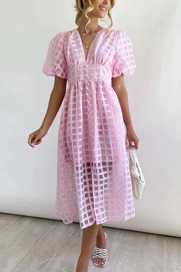 🔥Time-limited promotion 49% OFF🔥 Beauty Square Patterned Fabric Puff Sleeve Midi Dress