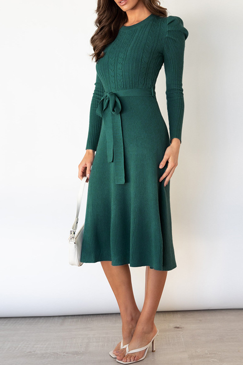 Elegant Solid With Belt O Neck Sweater Dresses