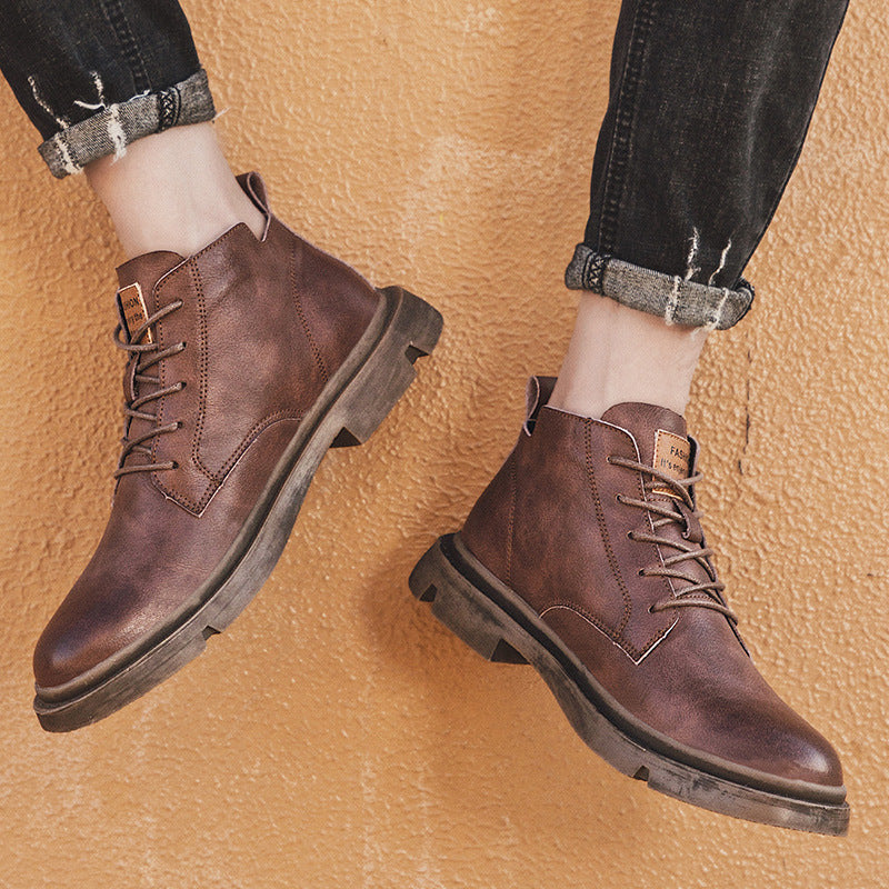 Men's lace-up round toe work casual leather boots