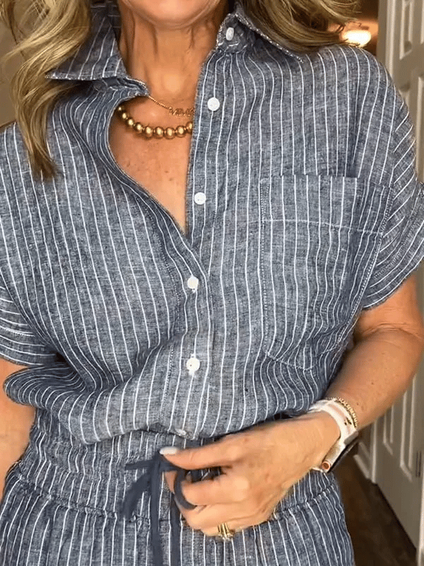 Classic Striped Linen Cotton Shirt Set With Pockets
