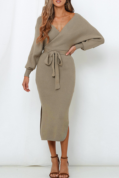 Casual Elegant Solid Backless Slit Pencil Skirt Dresses